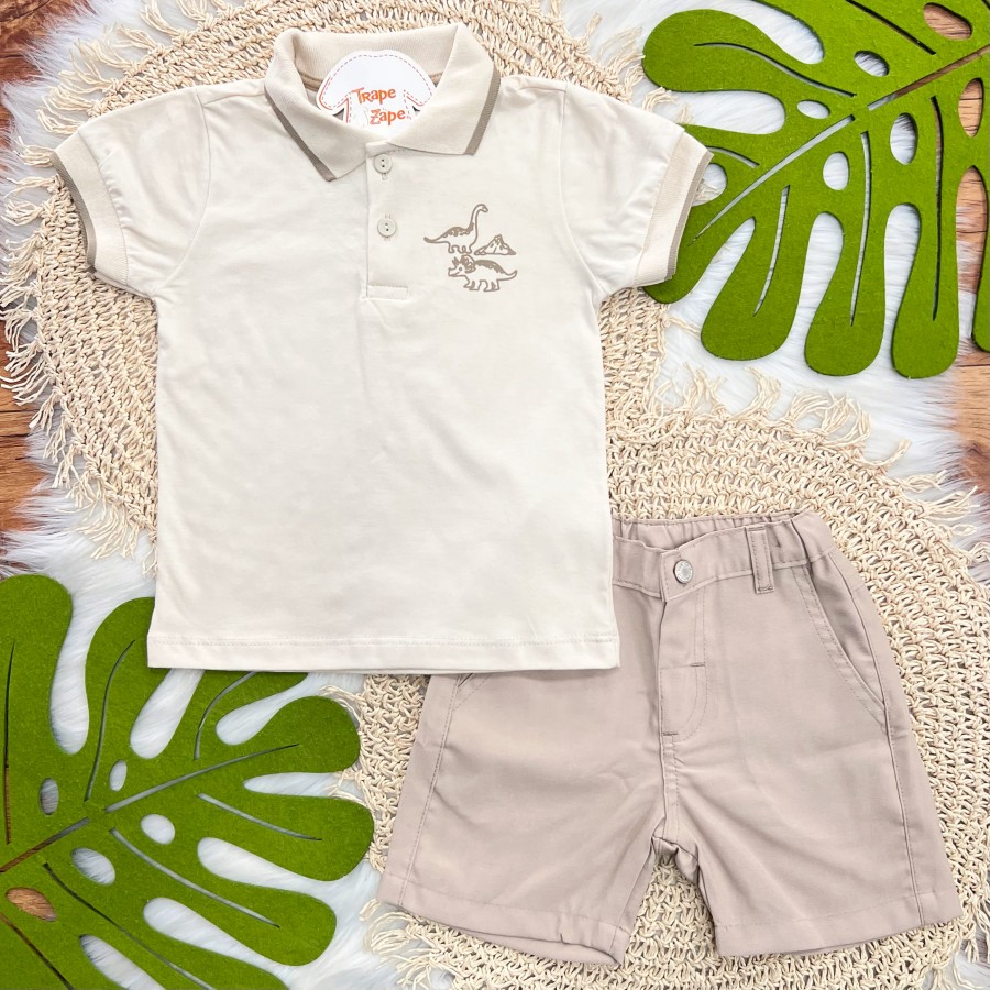 Conj Camiseta Polo dinossauros e Short sarja Areia